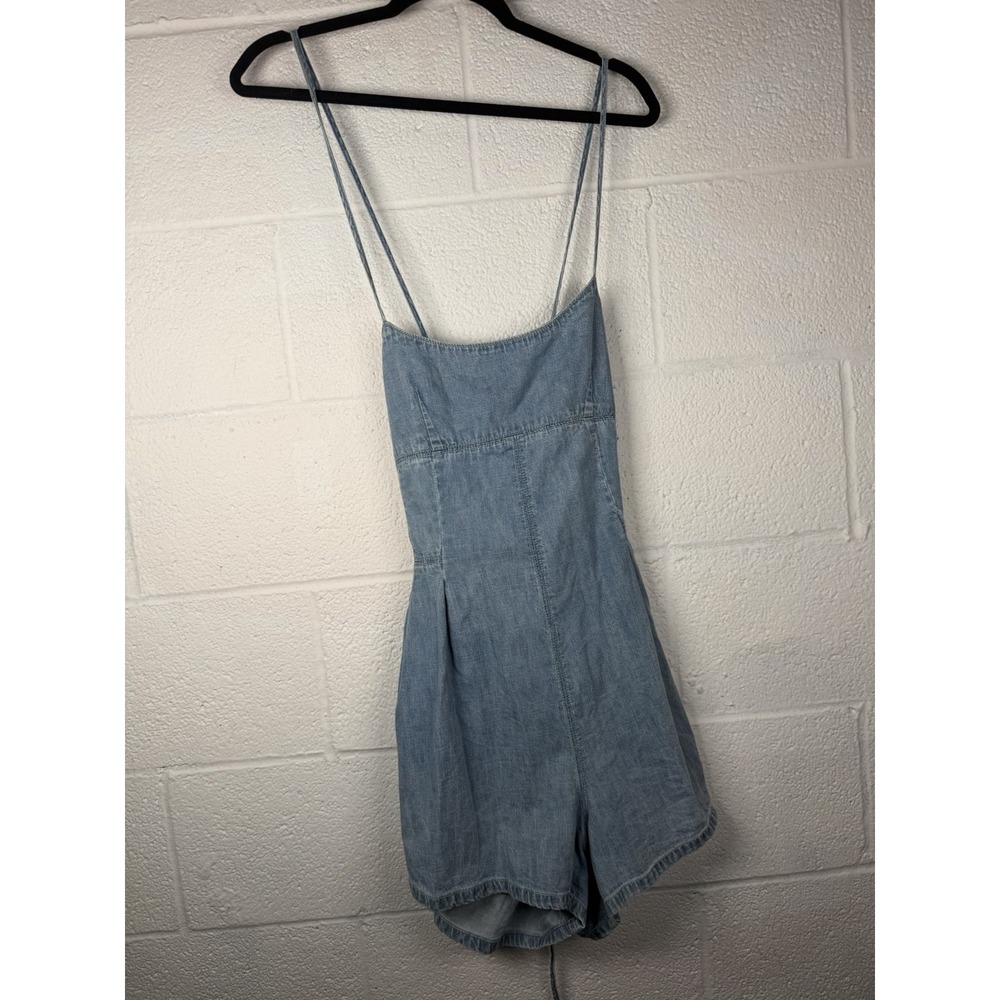 Free People Women's S Denim Romper Lace Up Back Light Wash Boho Y2K Festival